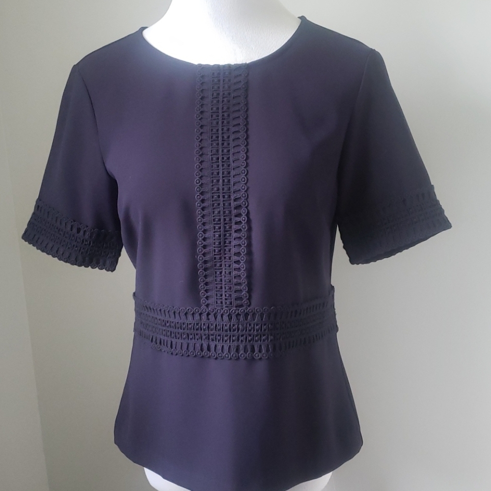Ann Taylor solid Navy Blue Blouse with embroidery
